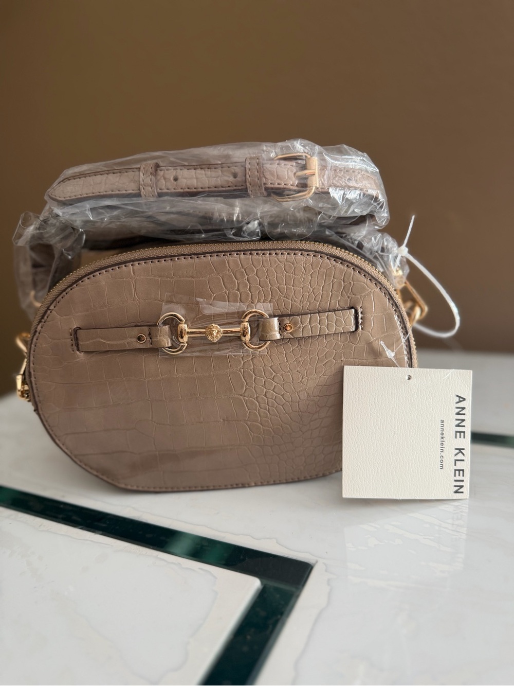 Anne Klein Taupe Croc-Embossed Oval Crossbody with Gold Hardware